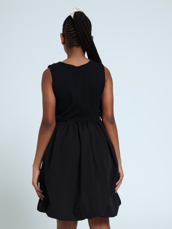 Girls Rib/Woven Bubble Dress - Black