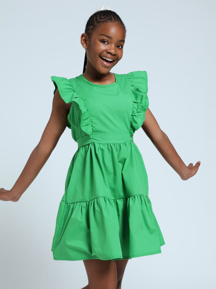 Girls Frill Tiered Pop Dress - Green