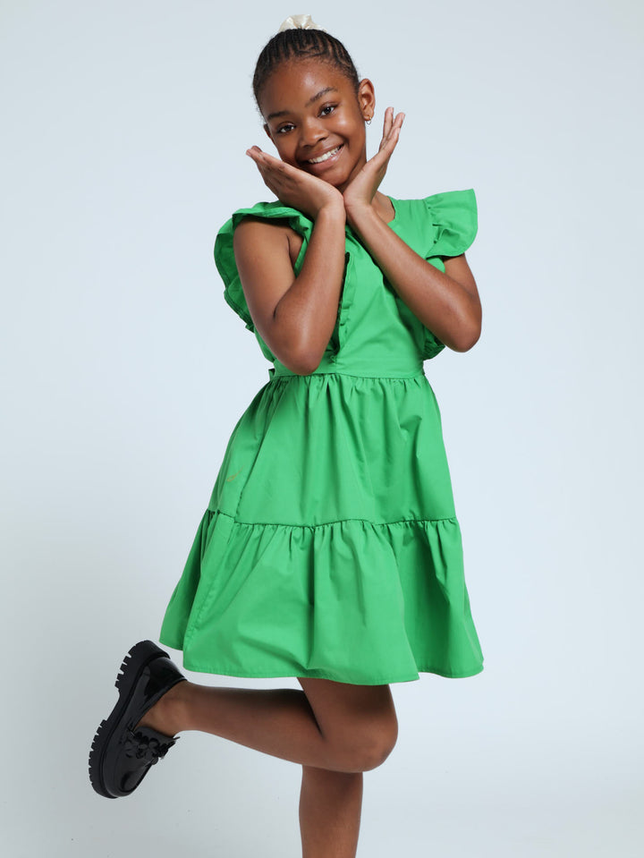 Girls Frill Tiered Pop Dress - Green