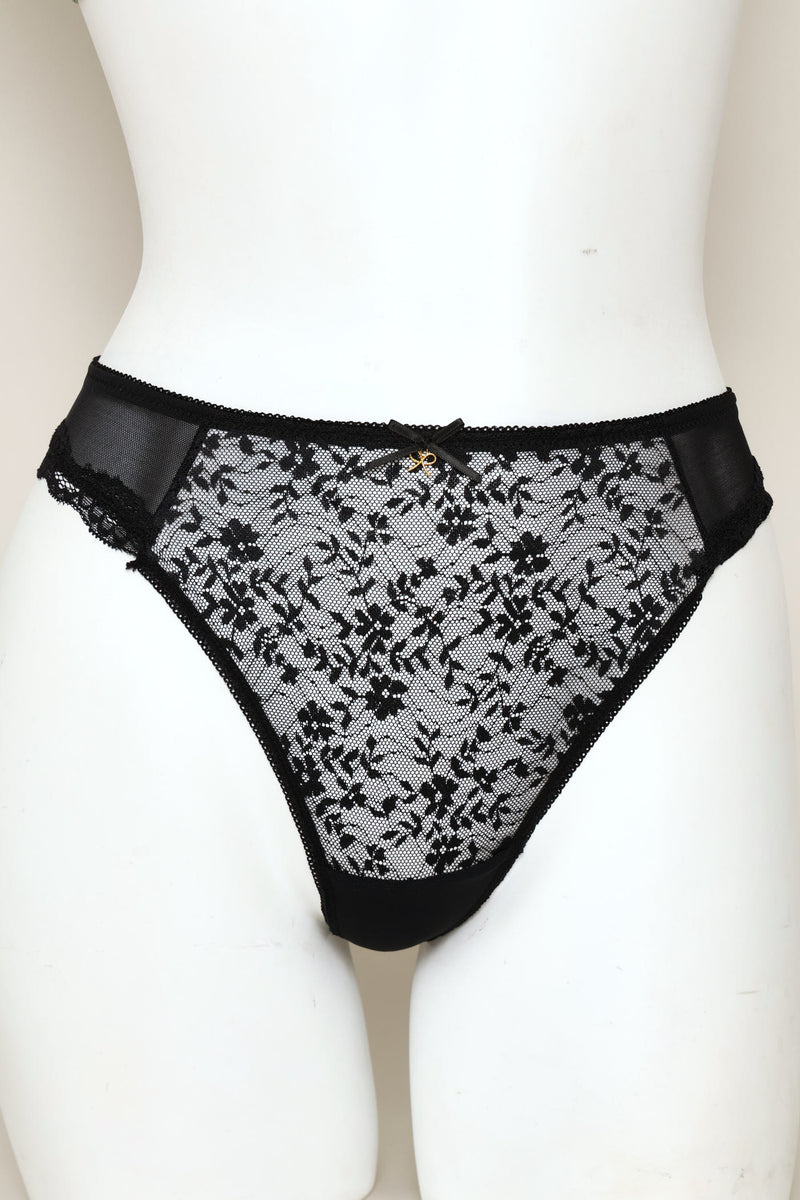Lace & Mesh Thong Panty - Black
