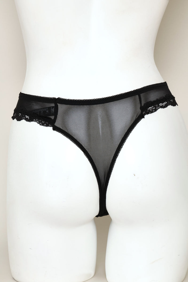 Lace & Mesh Thong Panty - Black