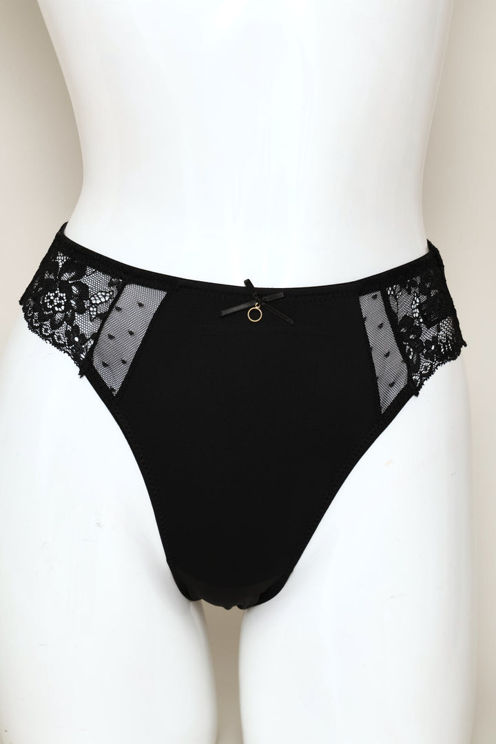 Shiny Mesh & Lace Hi-Cut Panty - Black