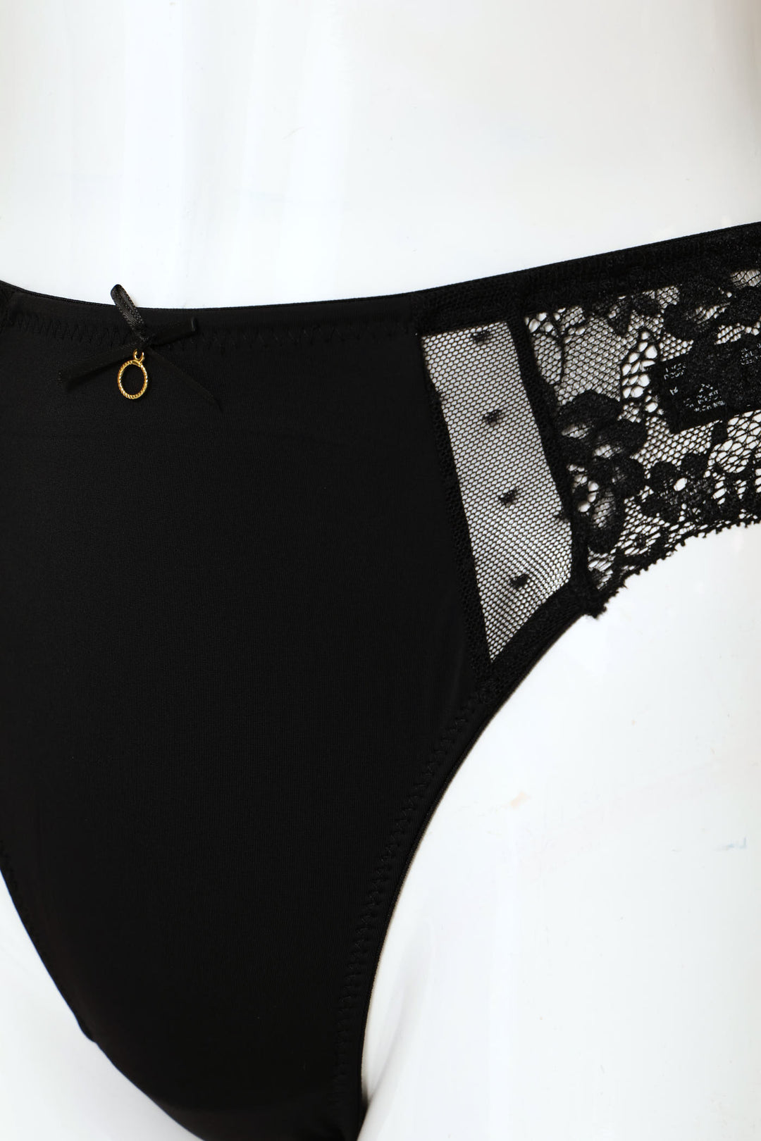 Shiny Mesh & Lace Hi-Cut Panty - Black