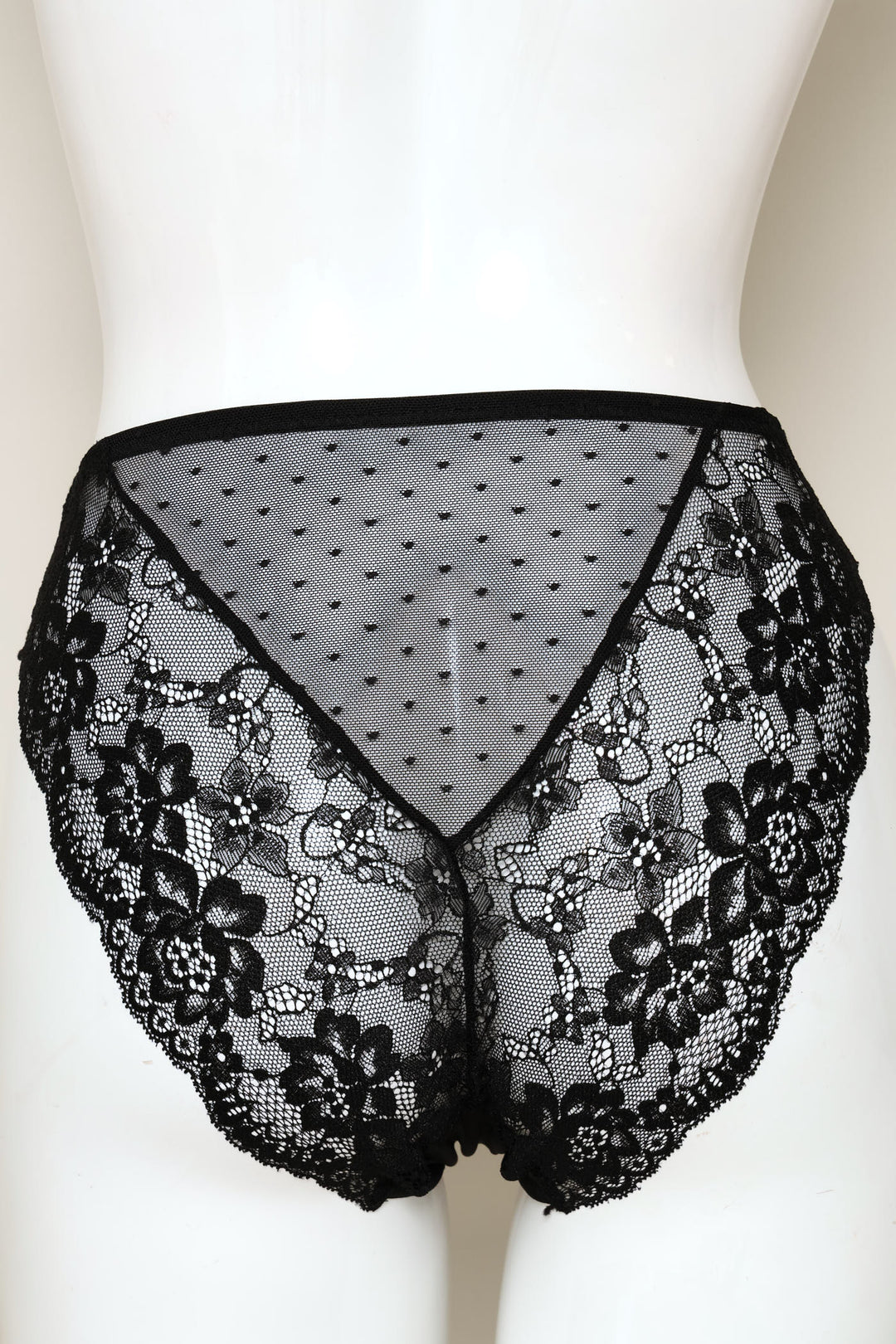 Shiny Mesh & Lace Hi-Cut Panty - Black