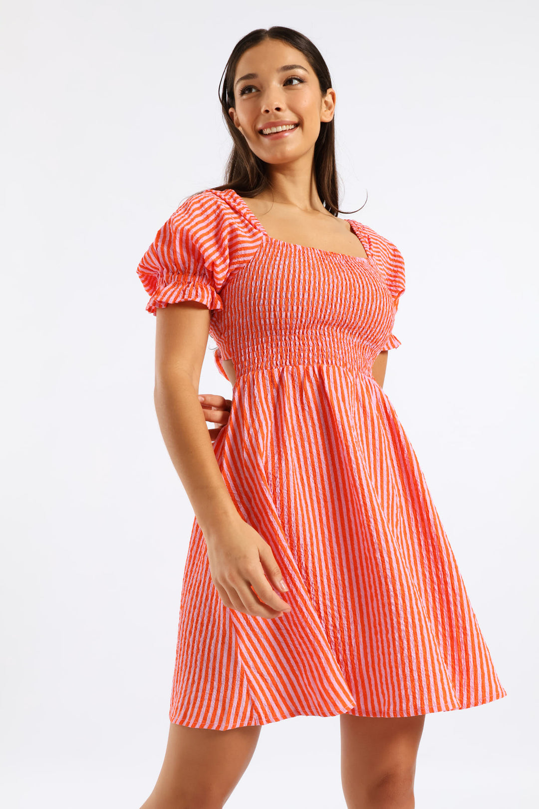 Stripe Puff Sleeve Crinkle Mini Dress - Orange