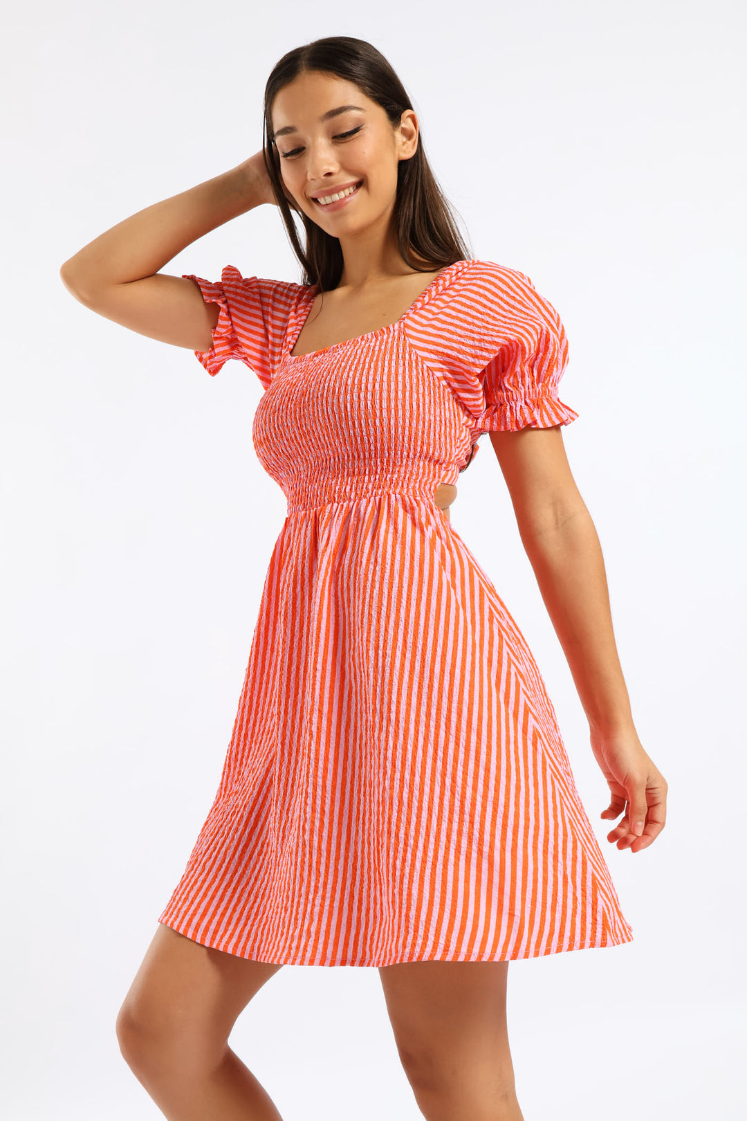 Stripe Puff Sleeve Crinkle Mini Dress - Orange