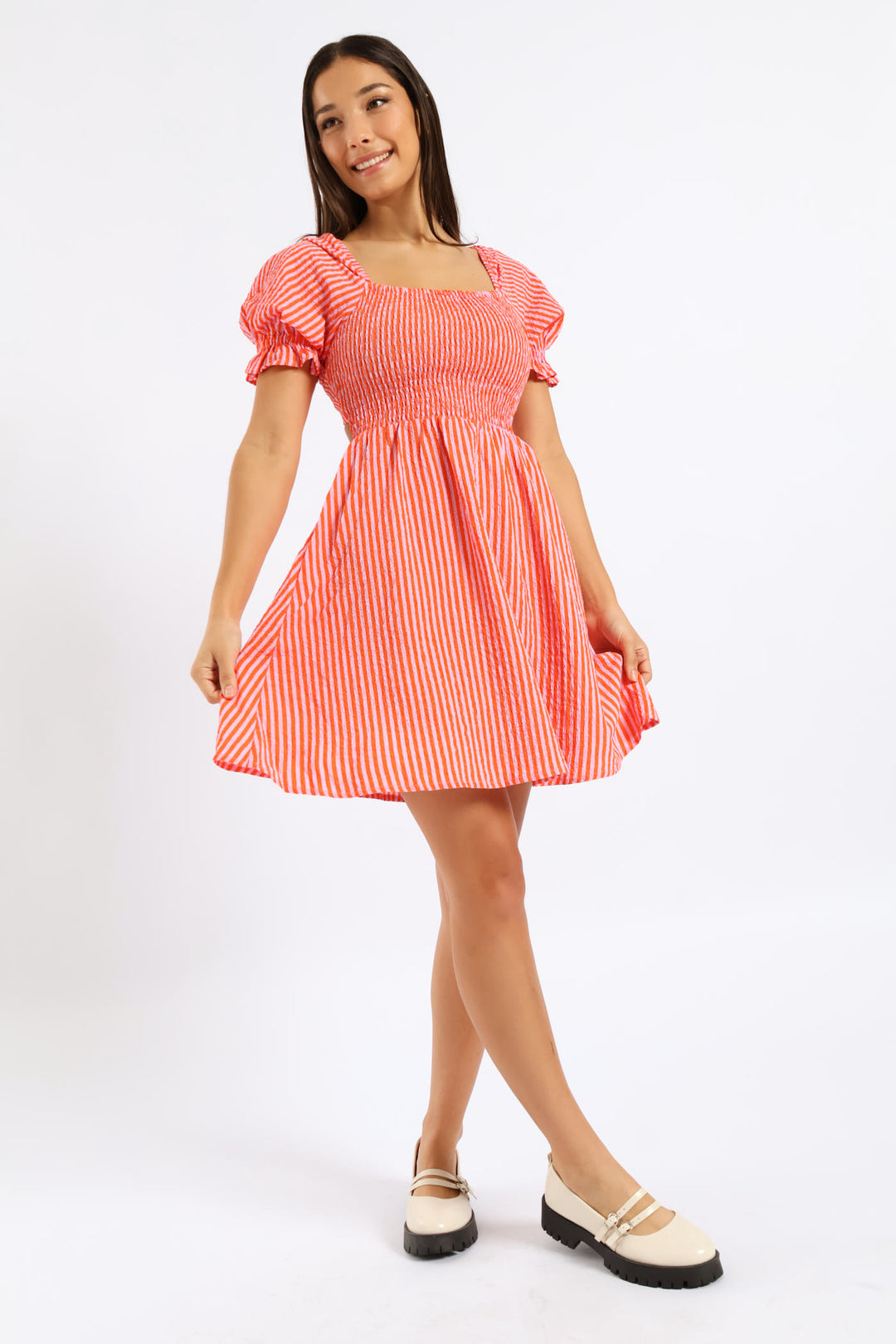 Stripe Puff Sleeve Crinkle Mini Dress - Orange