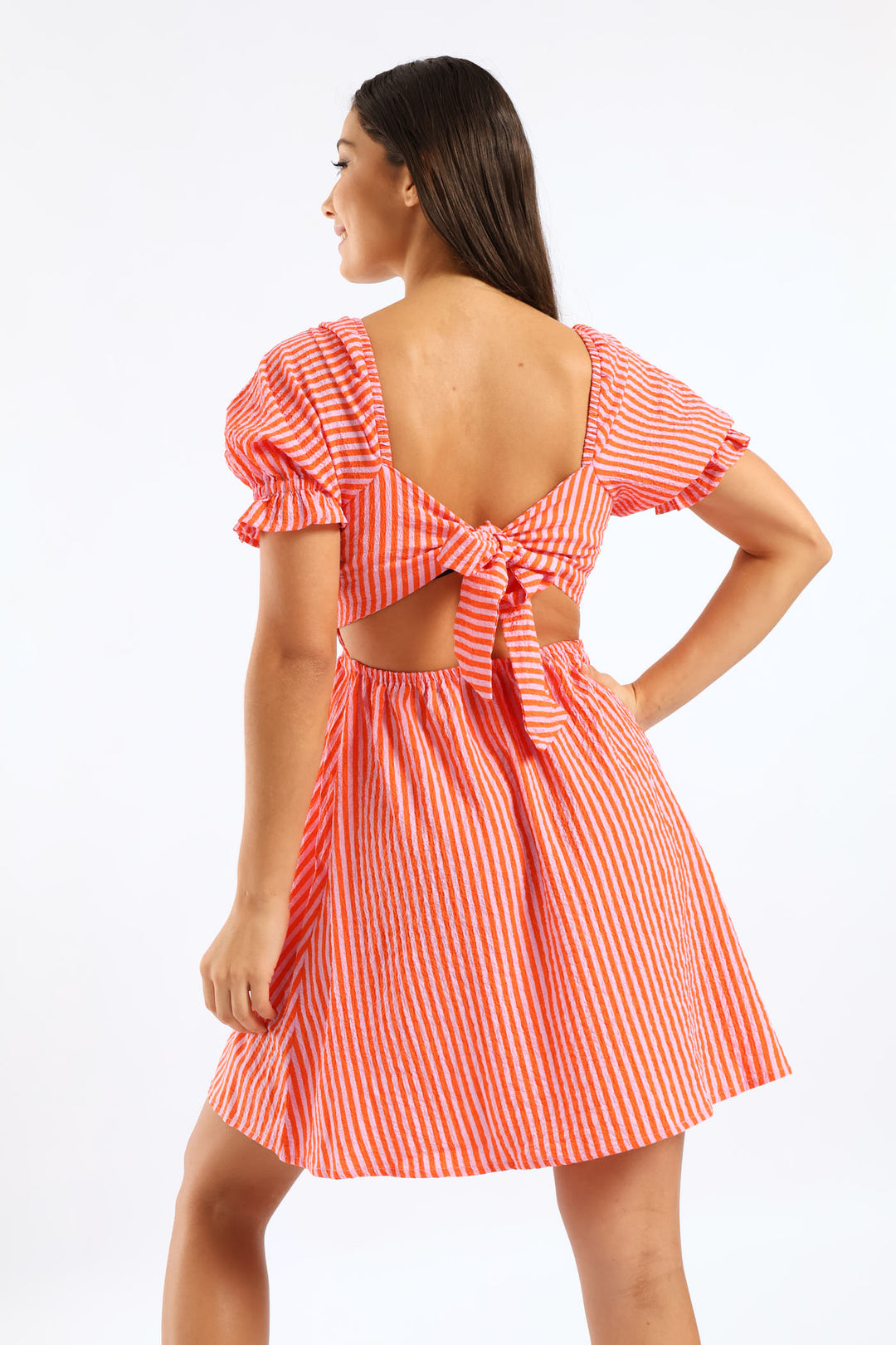 Stripe Puff Sleeve Crinkle Mini Dress - Orange