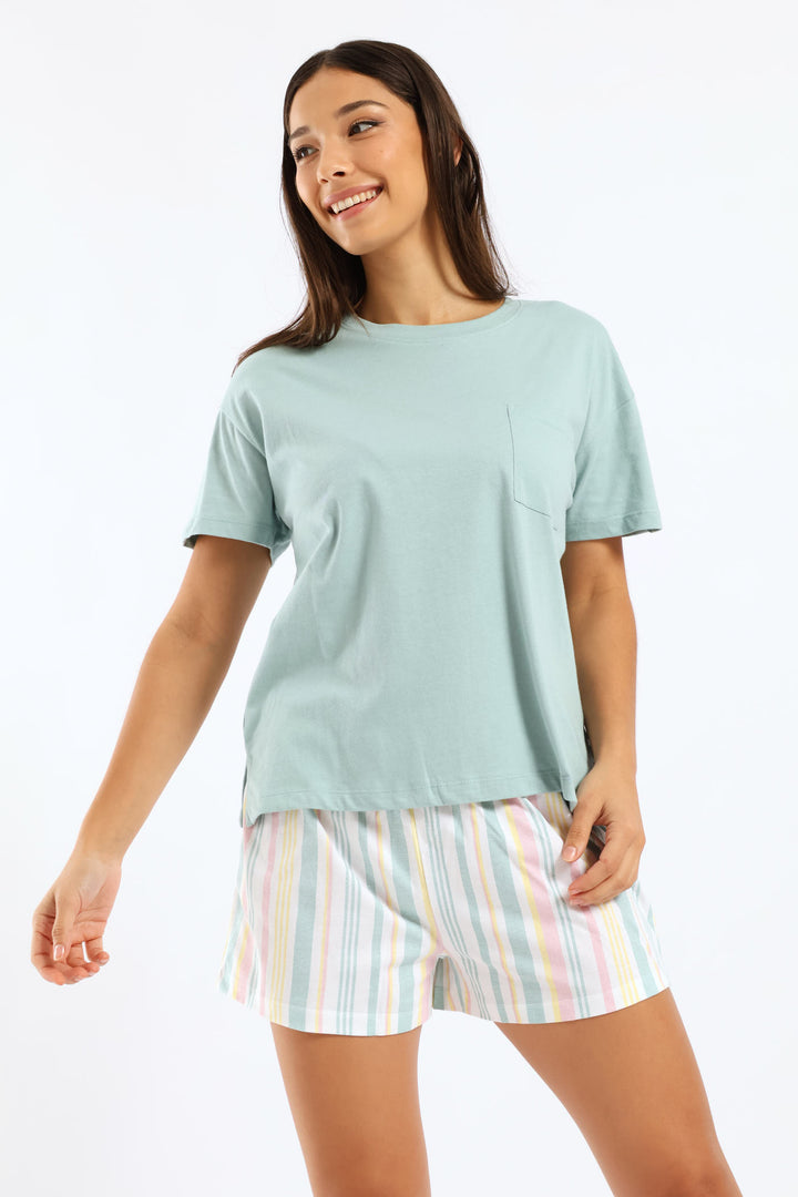 Stripe Short Knit Set - Duck Egg