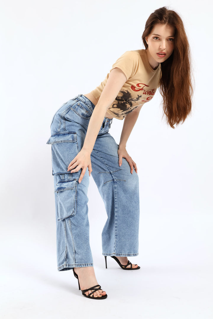 Low Rise Cargo Denim - Mid Blue