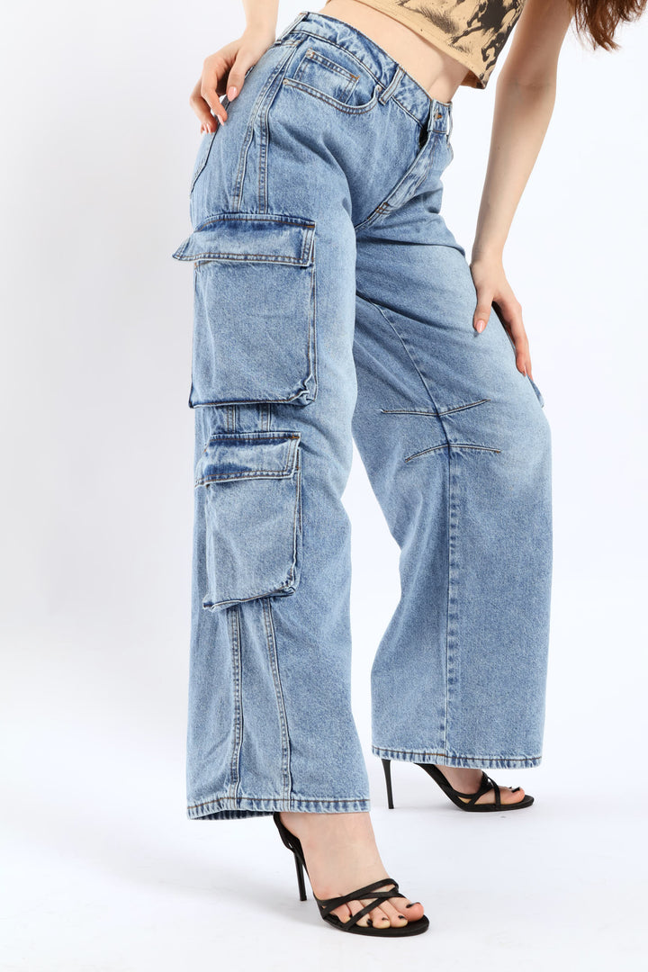 Low Rise Cargo Denim - Mid Blue