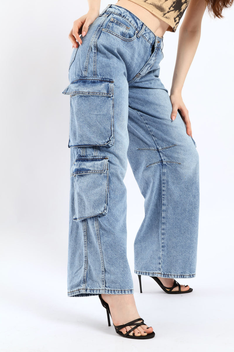 Low Rise Cargo Denim - Mid Blue