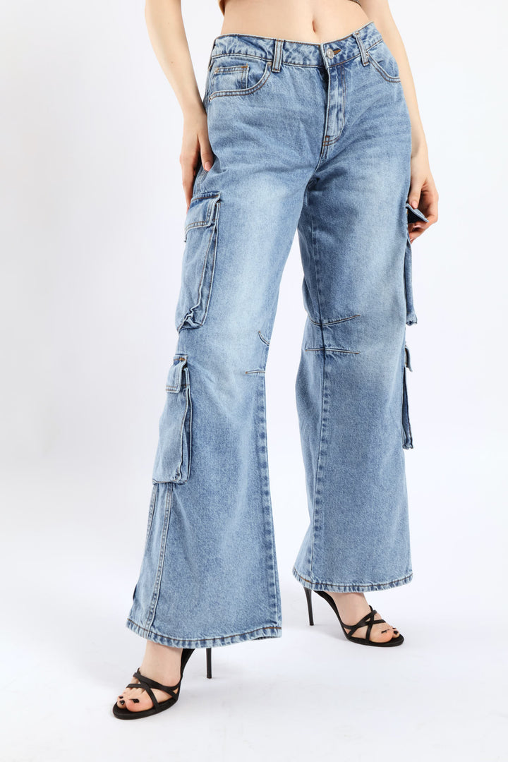 Low Rise Cargo Denim - Mid Blue