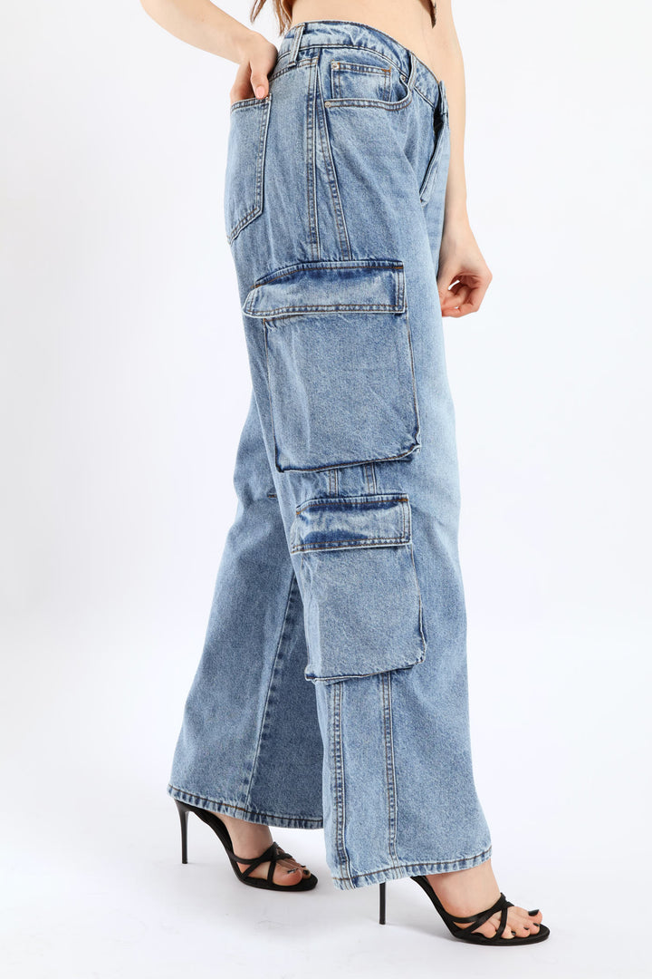 Low Rise Cargo Denim - Mid Blue