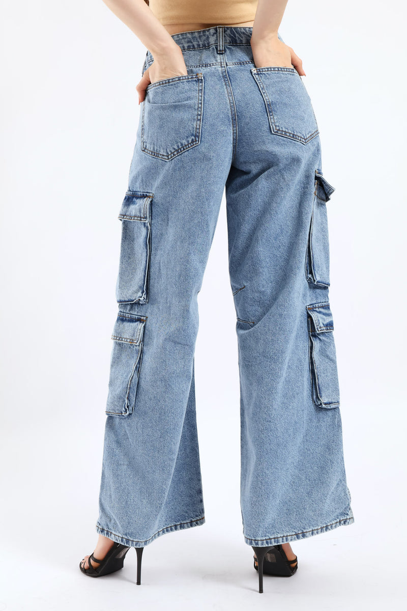 Low Rise Cargo Denim - Mid Blue