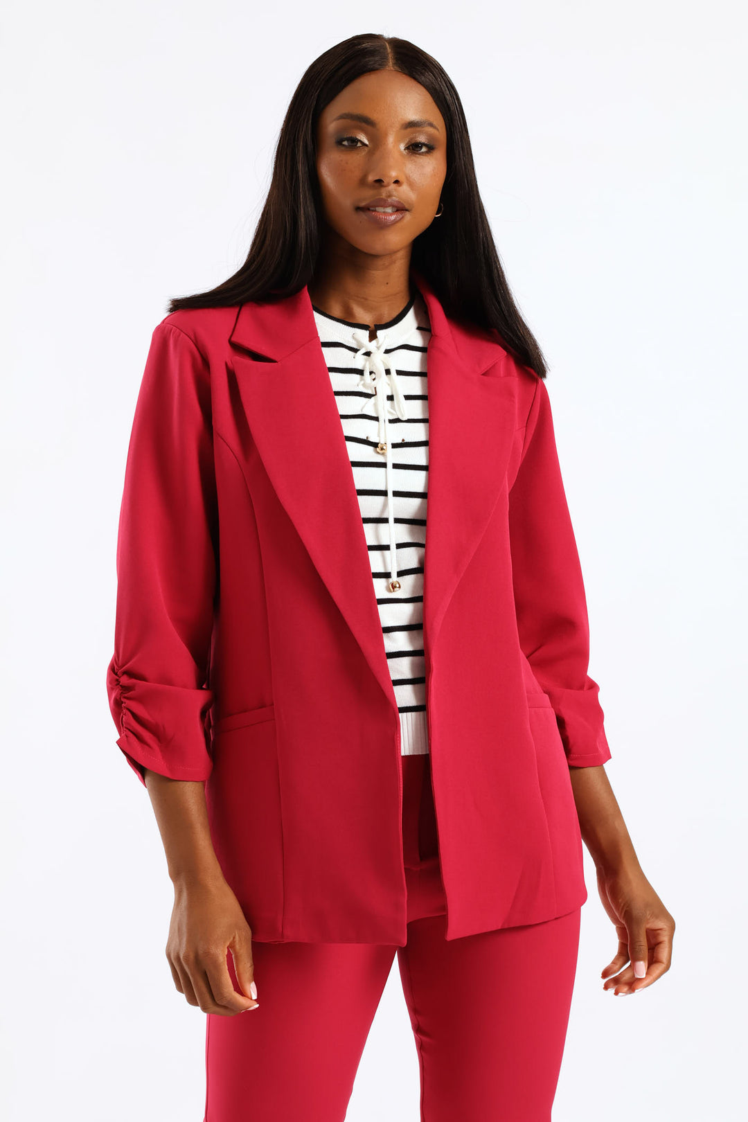Notch Collar Gauged Sleeve Blazer - Magenta