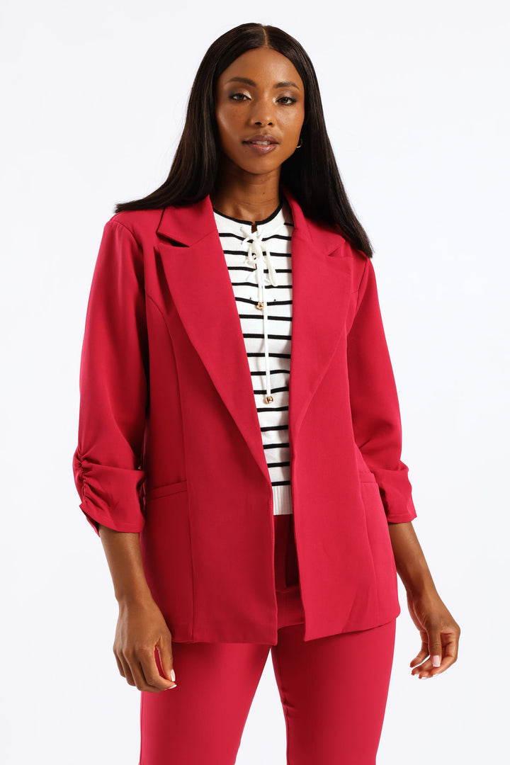 Notch Collar Gauged Sleeve Blazer - Magenta