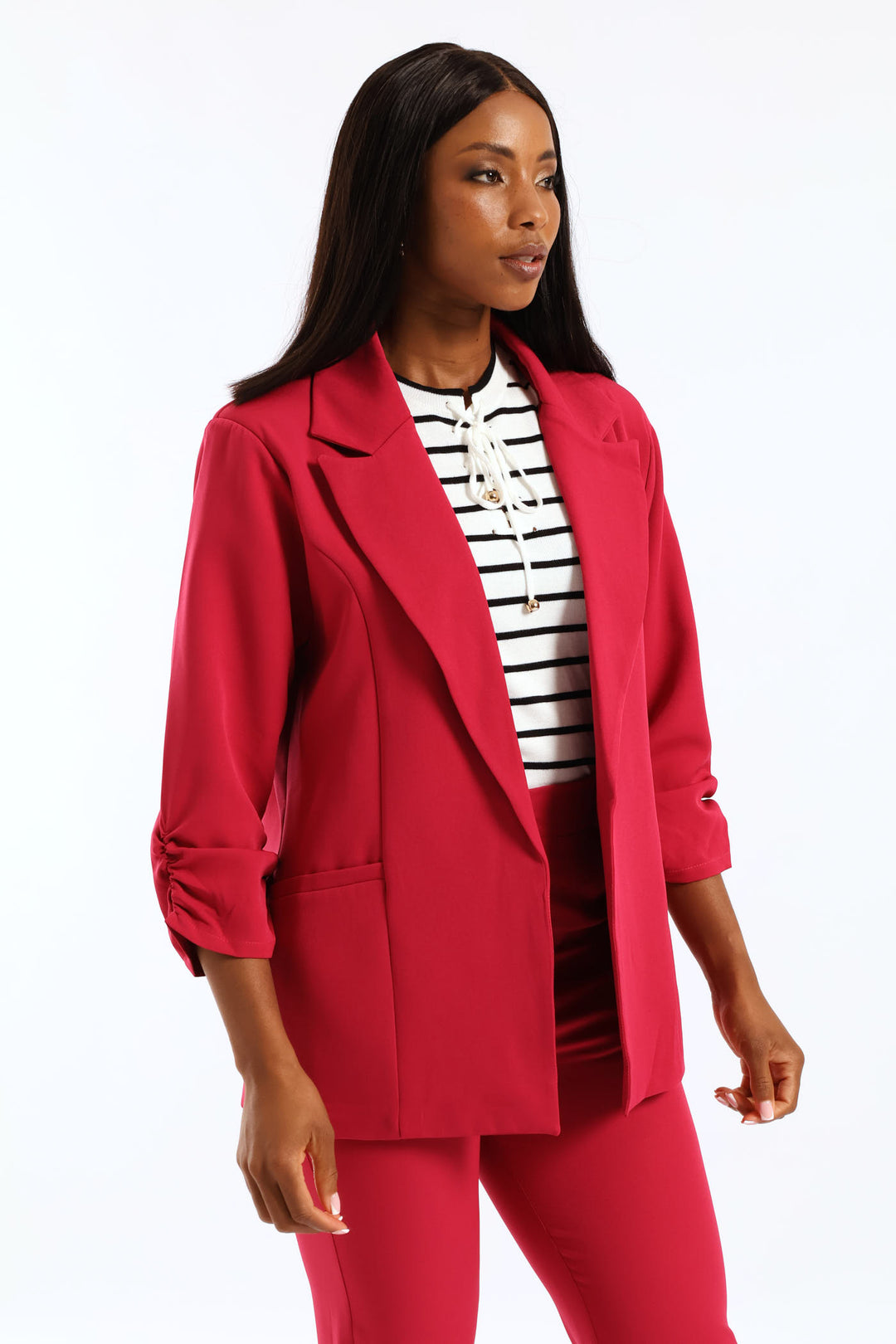 Notch Collar Gauged Sleeve Blazer - Magenta