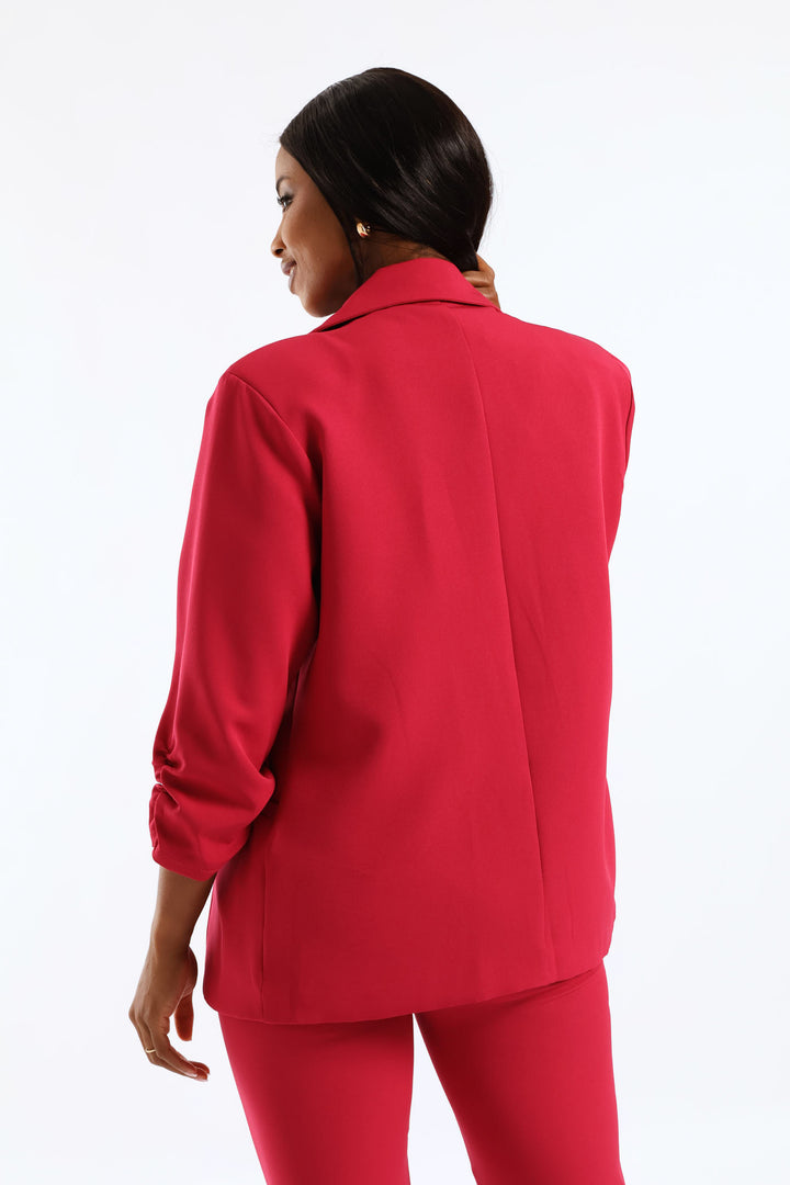 Notch Collar Gauged Sleeve Blazer - Magenta
