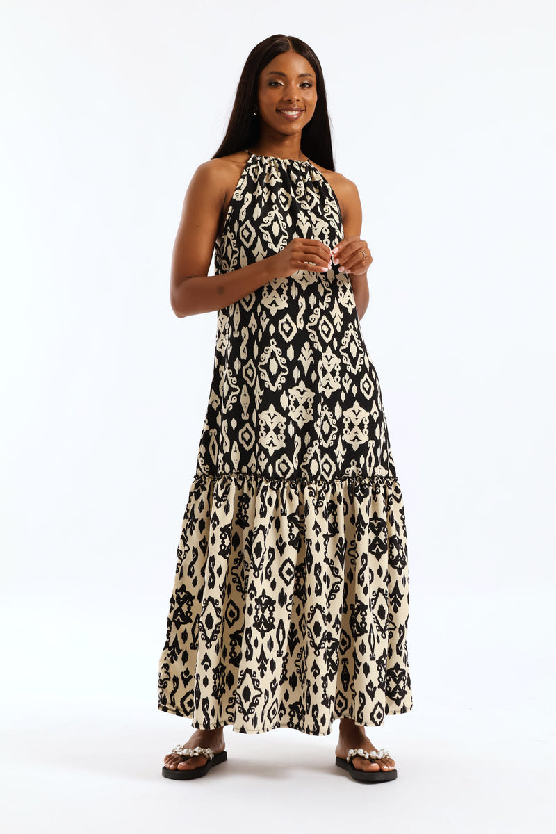 Contrast Frill Hineck Halter Maxi Dress - Black/Beige