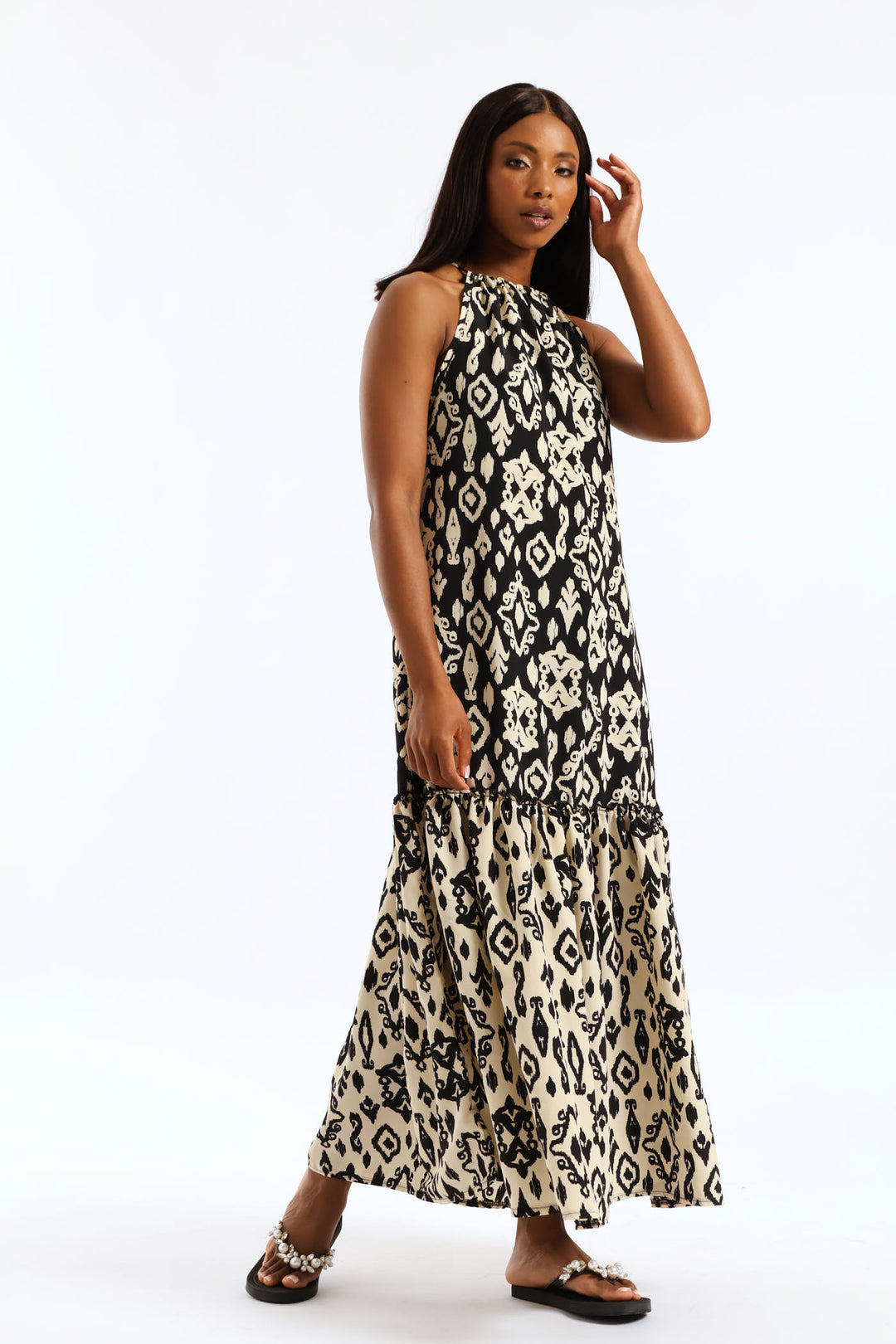 Contrast Frill Hineck Halter Maxi Dress - Black/Beige