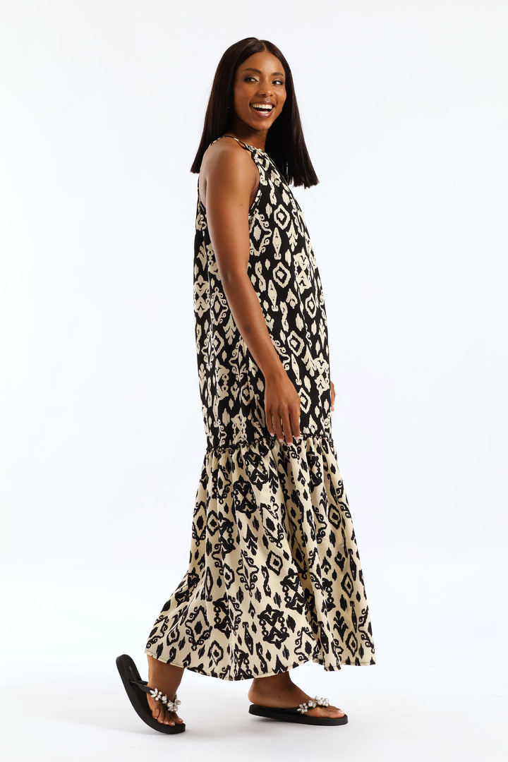 Contrast Frill Hineck Halter Maxi Dress - Black/Beige