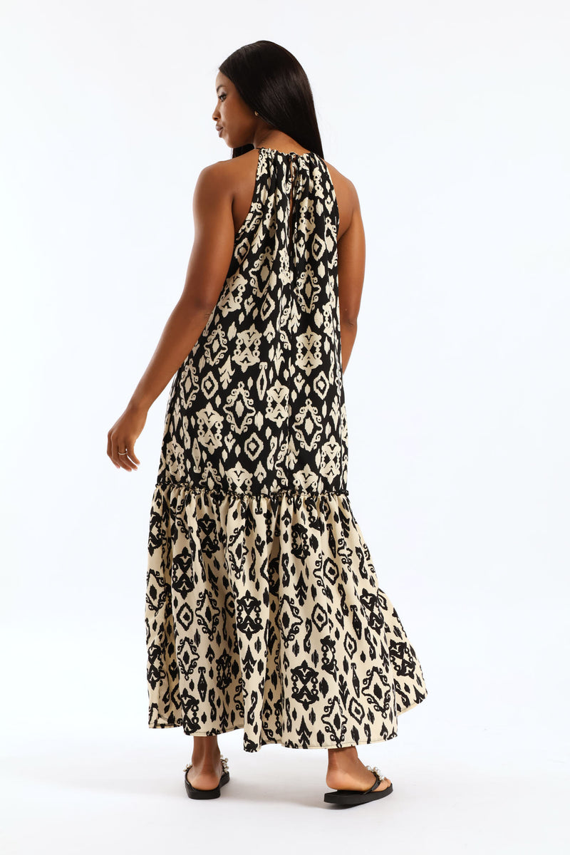 Contrast Frill Hineck Halter Maxi Dress - Black/Beige