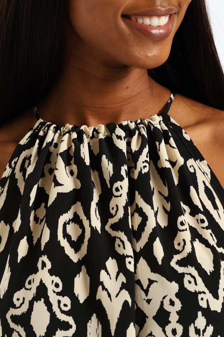 Contrast Frill Hineck Halter Maxi Dress - Black/Beige