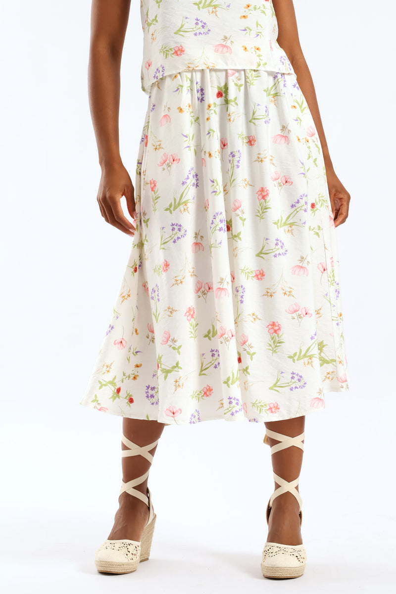 Pull On Elasticated Flare Garden Floral Print Midi Skirt - Cream