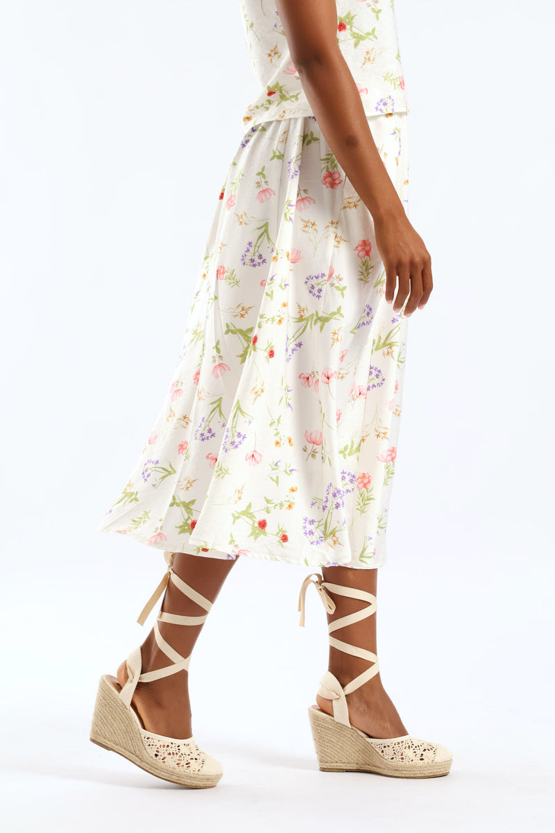 Pull On Elasticated Flare Garden Floral Print Midi Skirt - Cream