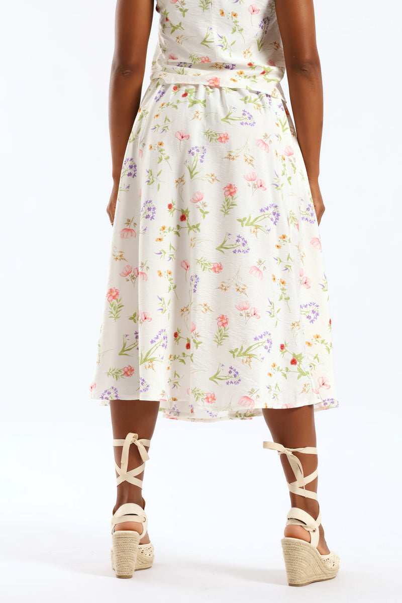 Pull On Elasticated Flare Garden Floral Print Midi Skirt - Cream
