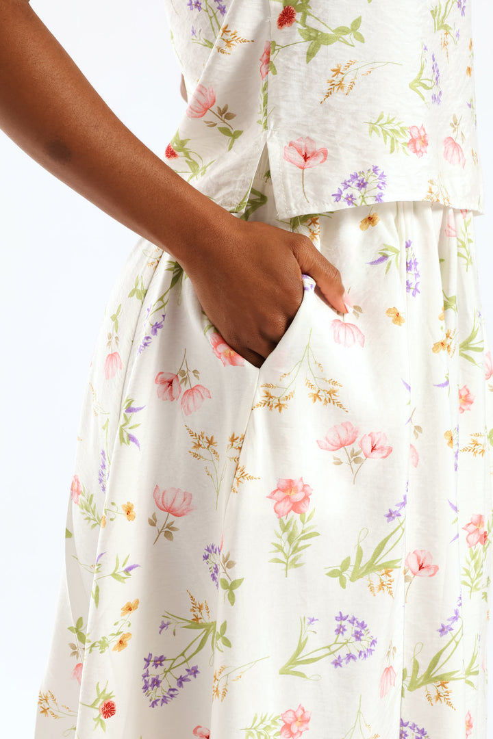 Pull On Elasticated Flare Garden Floral Print Midi Skirt - Cream