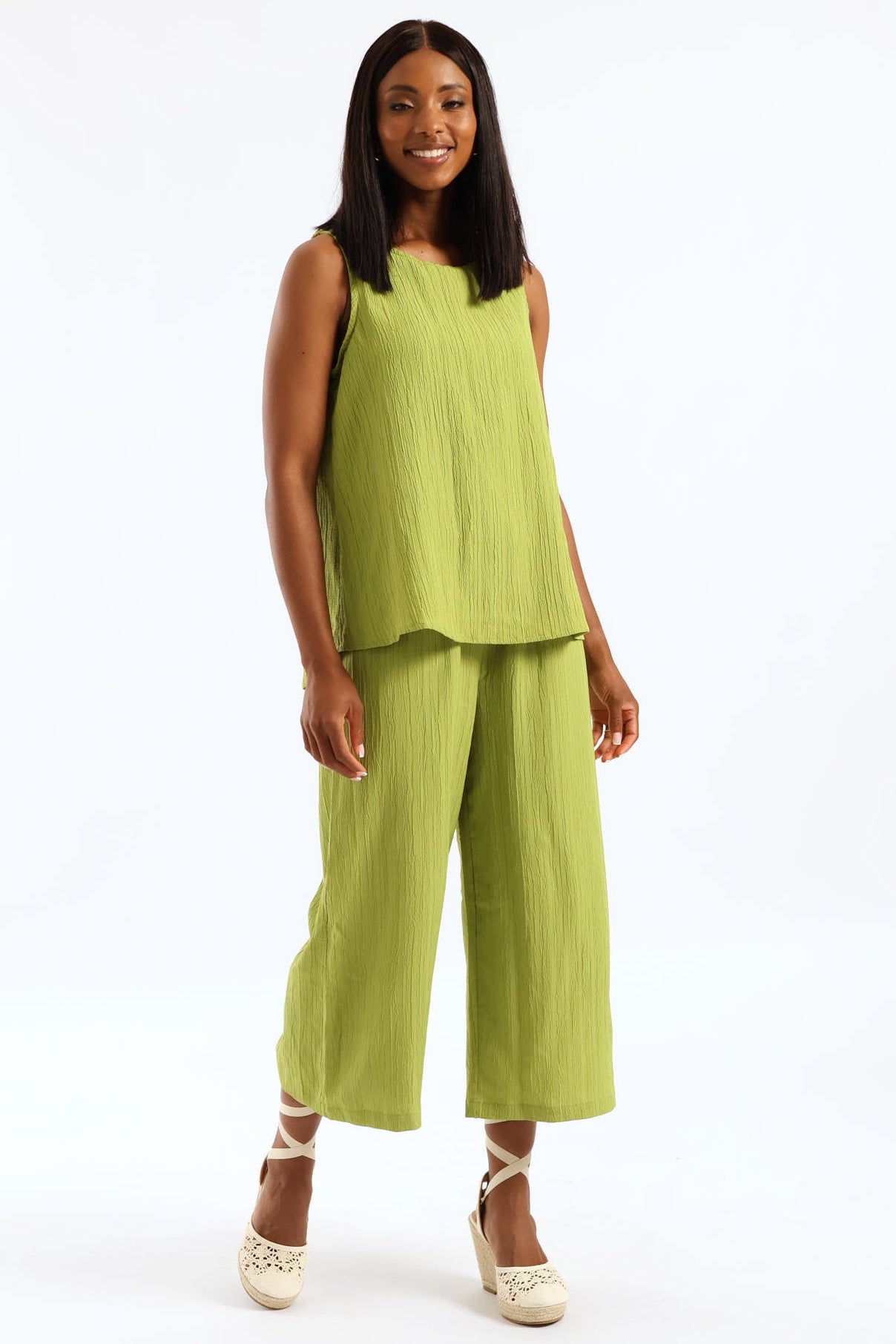 Ladies Pull On Textured Crinkle Culotte Pant - Chartreuse – Edgars