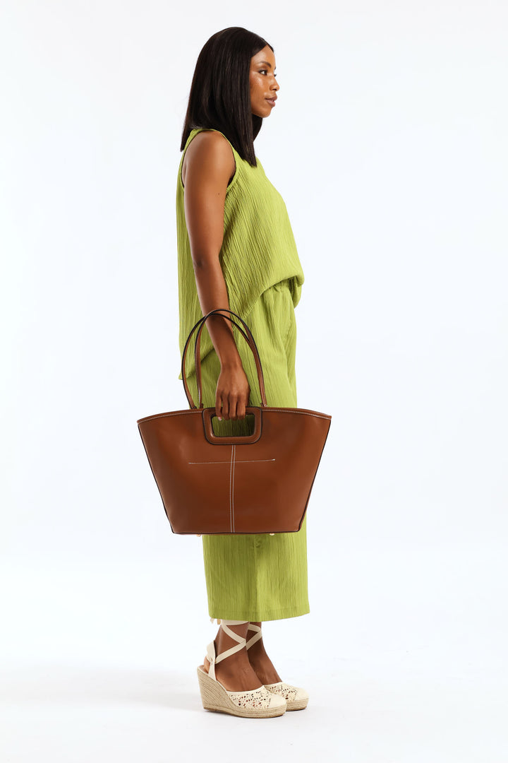Topstitch Double Handle Shopper Bag - Tan