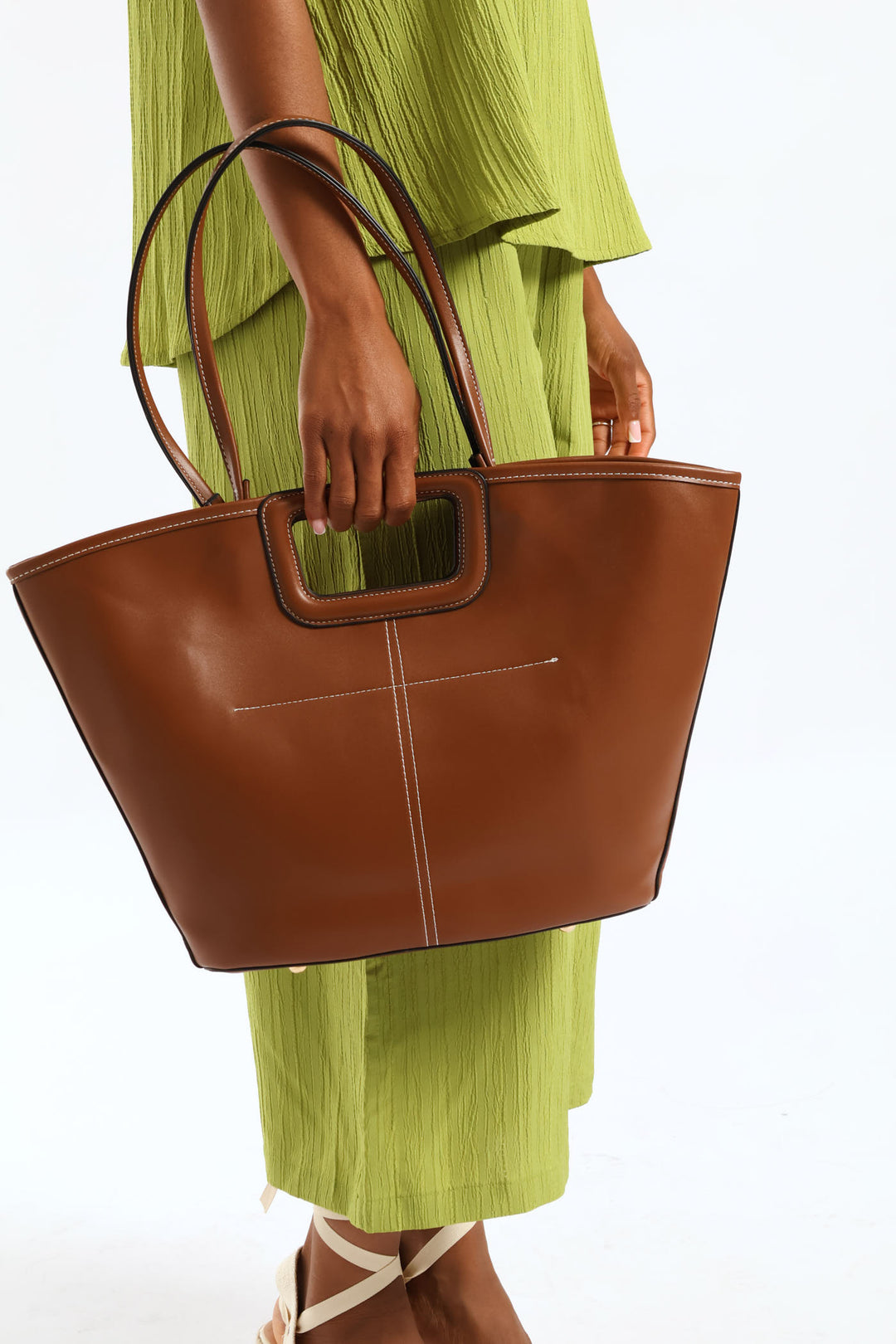 Topstitch Double Handle Shopper Bag - Tan