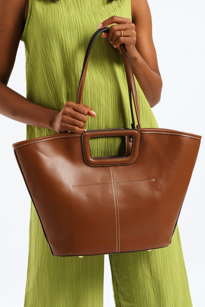 Topstitch Double Handle Shopper Bag - Tan