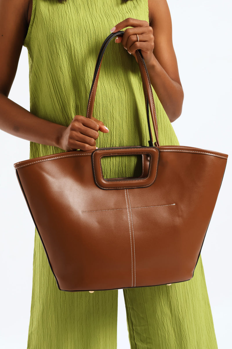 Topstitch Double Handle Shopper Bag - Tan