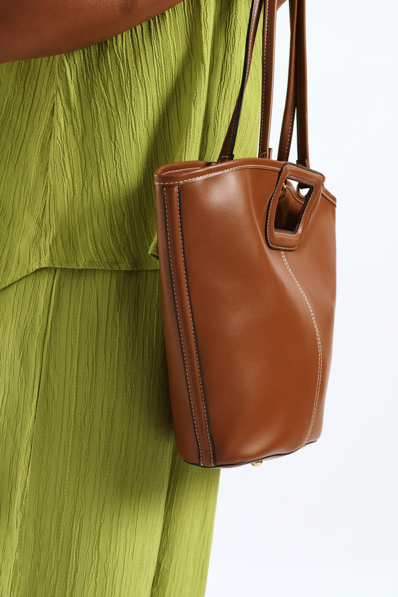 Topstitch Double Handle Shopper Bag - Tan