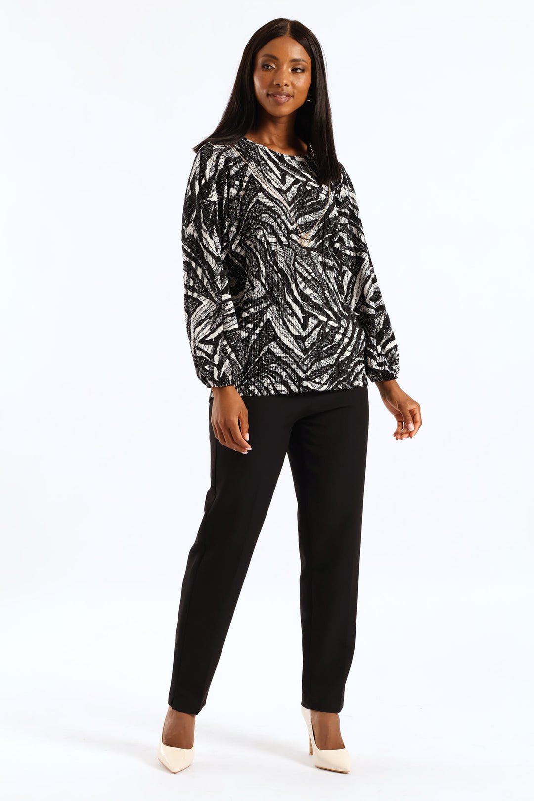 Abstract Plisse Blouse - Black/Cream