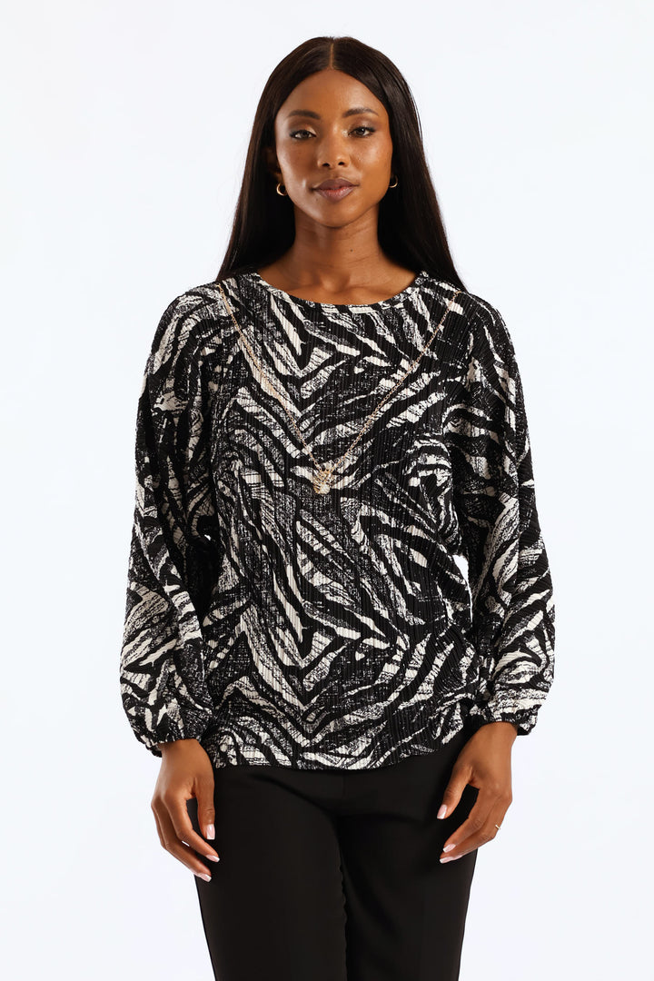 Abstract Plisse Blouse - Black/Cream