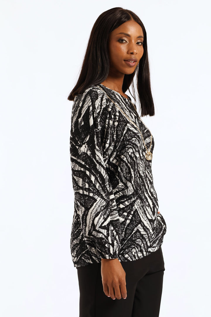 Abstract Plisse Blouse - Black/Cream