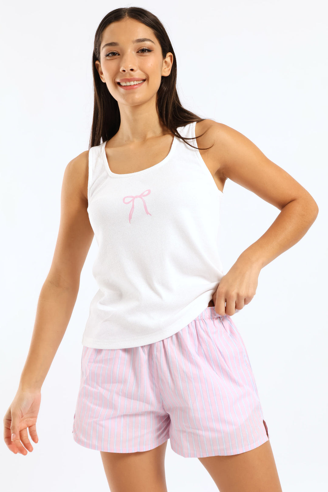 Rib Tank & Woven Short Set - White/Pink