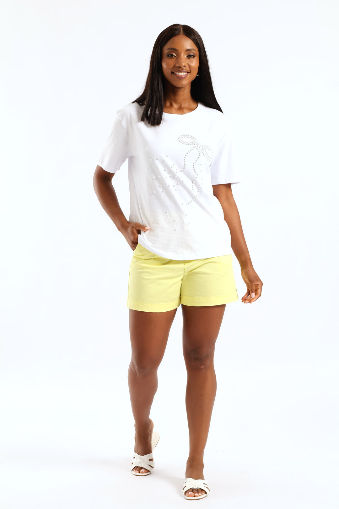 Pearl Bow Embroidered Tee - White