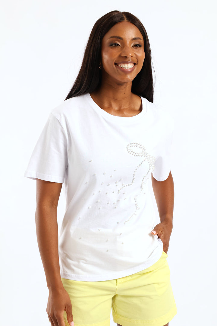 Pearl Bow Embroidered Tee - White