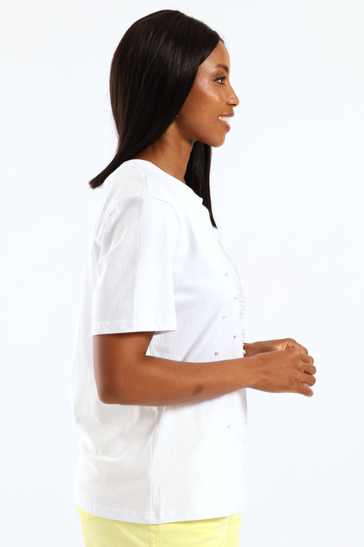 Pearl Bow Embroidered Tee - White