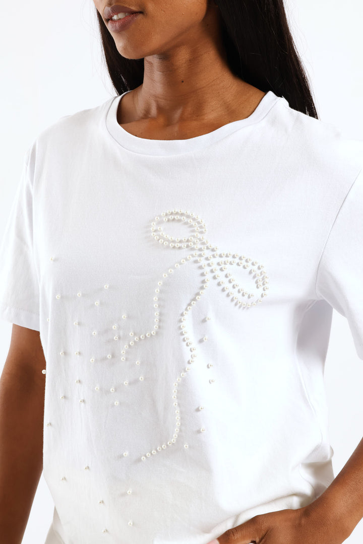 Pearl Bow Embroidered Tee - White