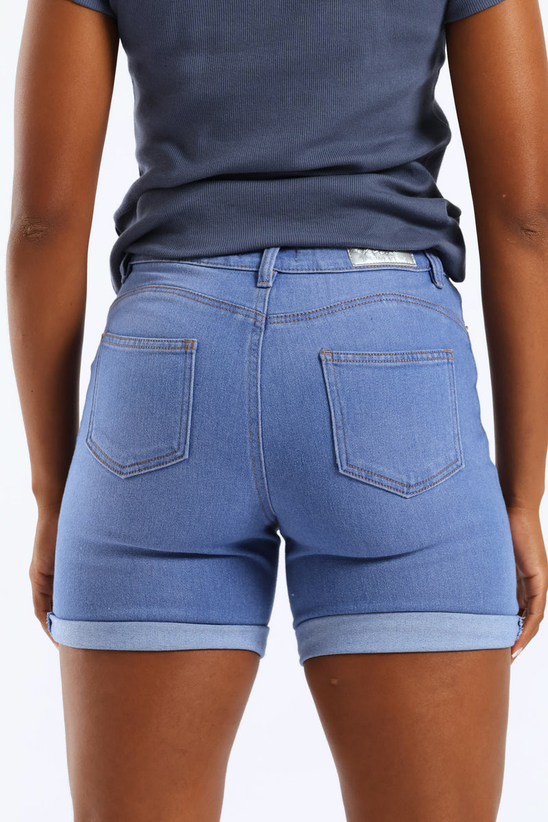 Classic Roll Hem Mid Thigh Supersoft Denim Short - Light Periwinkle