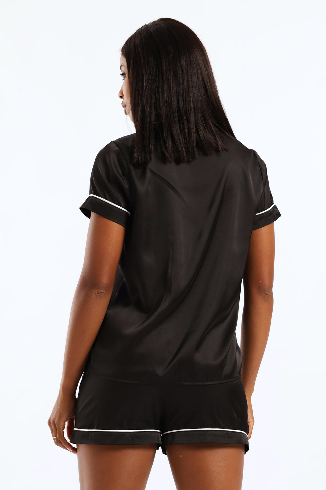 Button Through & Short Satin Set - Black