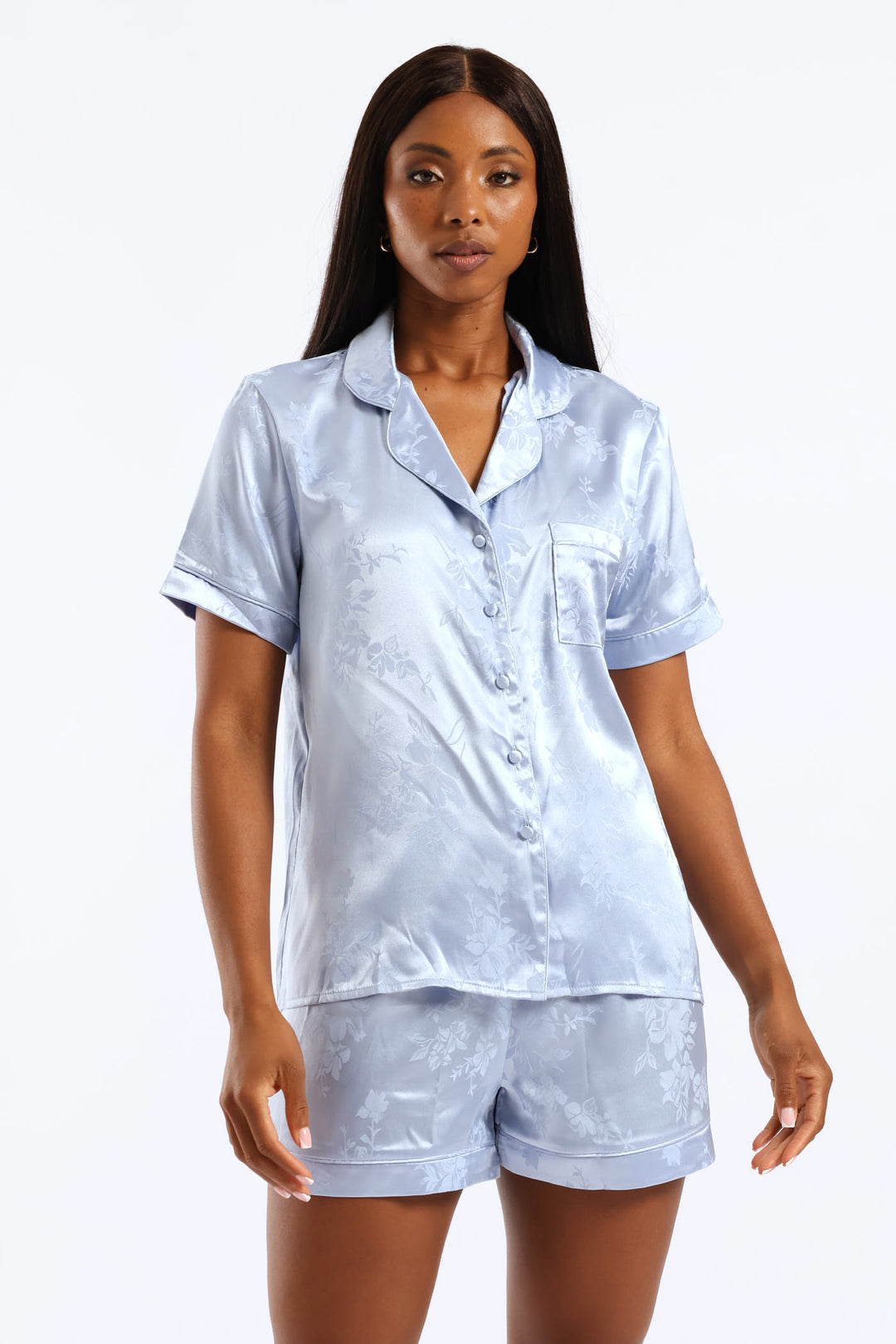 Embossed Floral Button Through & Satin Short Set - Blue