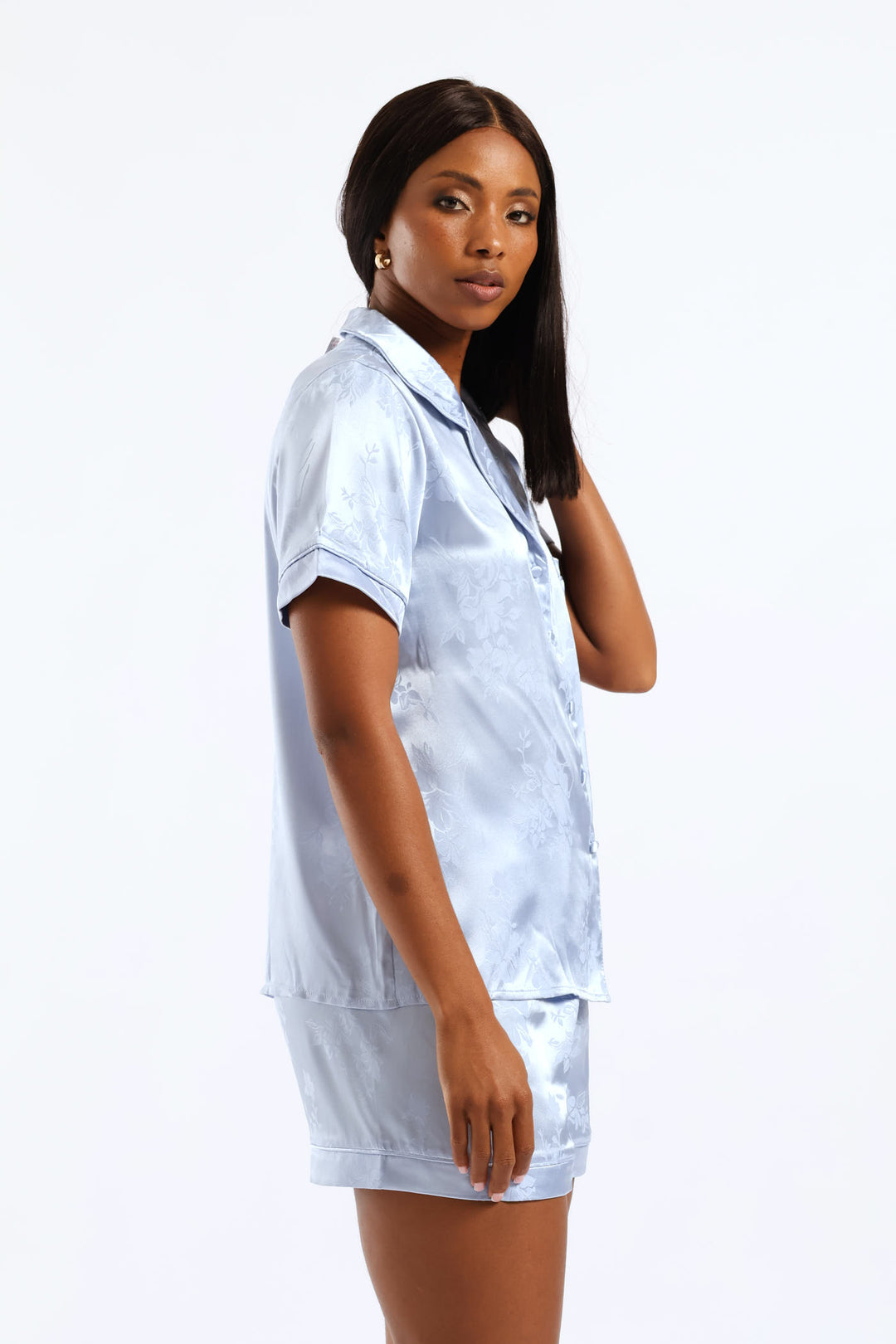 Embossed Floral Button Through & Satin Short Set - Blue